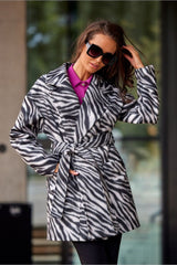 Short Coat With Animal Print And Belt - White/Black