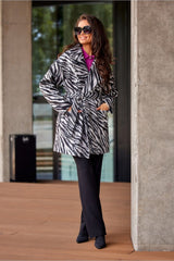 Short Coat With Animal Print And Belt - White/Black