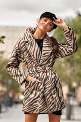 Short Coat With Animal Print And Belt - Brown