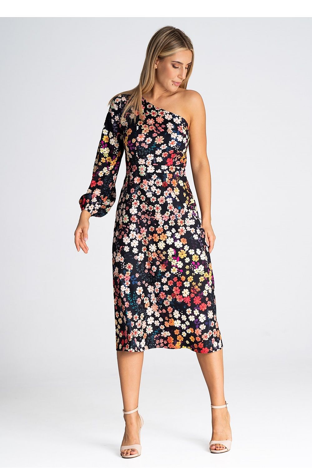 Cocktail Dress With One Shoulder In Floral