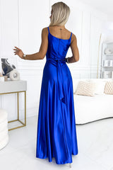 Long Satin Dress With Ripped Leg In Blue