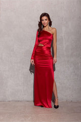 One Shoulder Long Sleeve Cut Out Satin Maxi Dress - Red