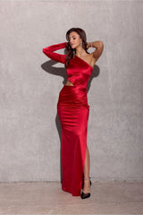 One Shoulder Long Sleeve Cut Out Satin Maxi Dress - Red