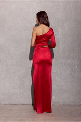 One Shoulder Long Sleeve Cut Out Satin Maxi Dress - Red