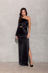 One Shoulder Long Sleeve Cutout Satin Maxi Dress - Black