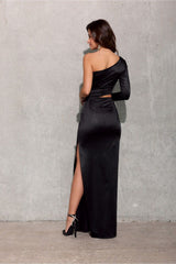 One Shoulder Long Sleeve Cutout Satin Maxi Dress - Black