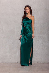 One Shoulder Long Sleeve Cut Out Satin Maxi Dress - Green