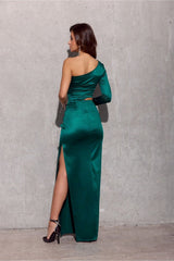 One Shoulder Long Sleeve Cut Out Satin Maxi Dress - Green