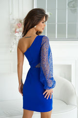 Short Dress With One Shoulder And Sequins On The Sleeve Blue