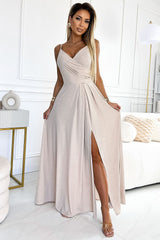 Maxi Dress With Straps In Beige With Glitter