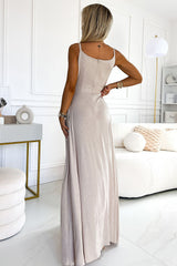 Maxi Dress With Straps In Beige With Glitter