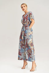 Loose One-piece Dress Sleeve Kimono Pattern Leaves