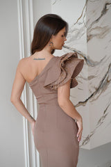 One Shoulder Mini Dress In Camel Color With Feathers