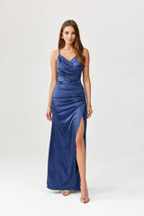 Maxi Dress With Ripped - Navy Blue