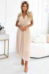 Pleated Cocktail Dress With Ruffles In Beige