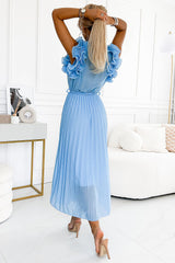 Pleated Midi Dress With Delicate Ruffles In Blue