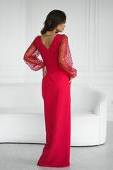 Red Evening Dress With Sequins On The Sleeves