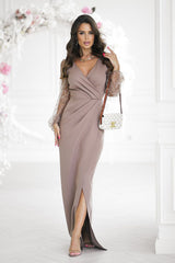 Brown Evening Dress With Sequins On The Sleeves