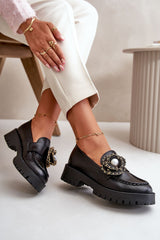 Leather Moccasins With Decorative Flower - Black