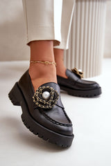 Leather Moccasins With Decorative Flower - Black