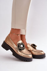 Leather Moccasins With Decorative Flower - Gold