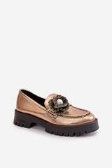 Leather Moccasins With Decorative Flower - Gold