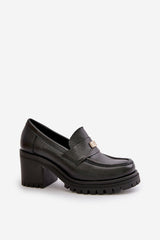 Women's Leather Loafers With Heel - Black