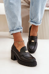 Women's Leather Loafers With Heel - Black