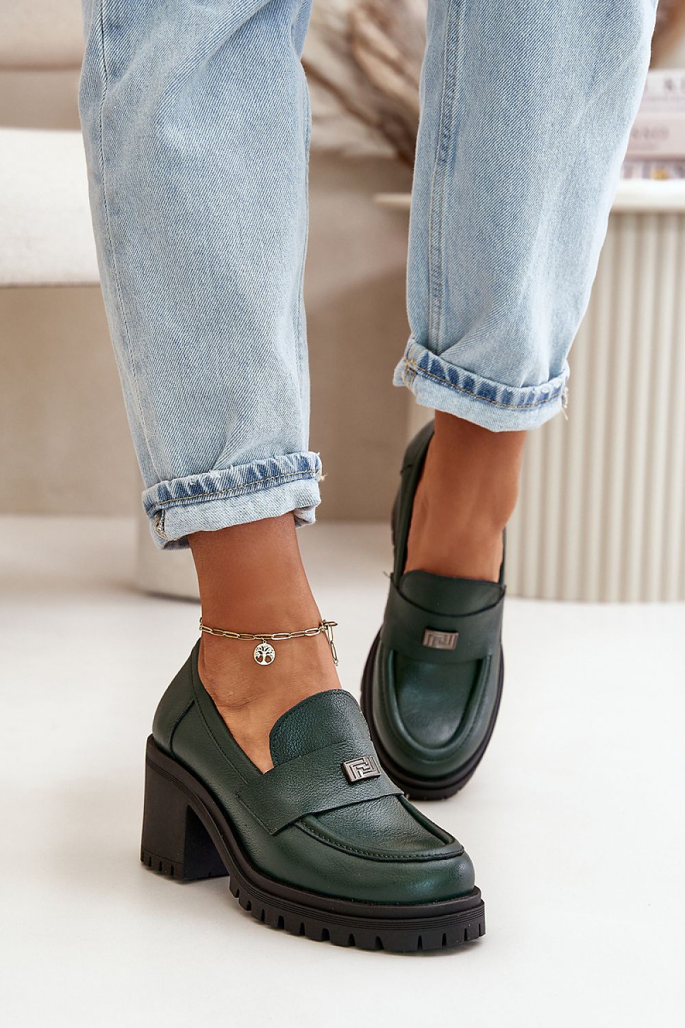 Women's Leather Loafers With Heel - Green