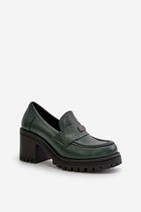 Women's Leather Loafers With Heel - Green