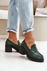 Women's Leather Loafers With Heel - Green