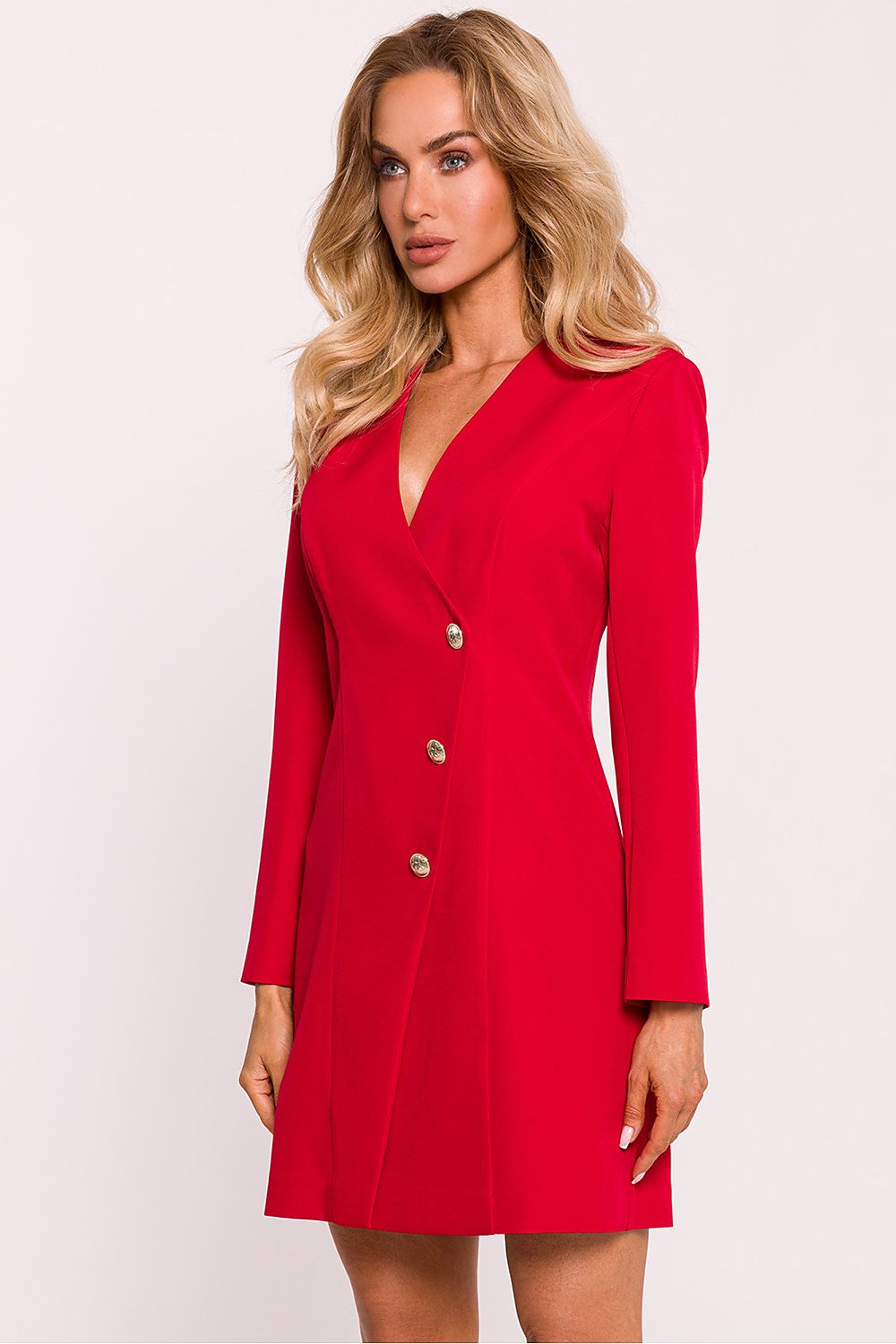 Blazer Dress With Gold Button - Red