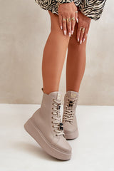 Women's Studded Leather Work Boots - Beige