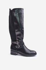 Women's Buckle Knee High Boots - Black