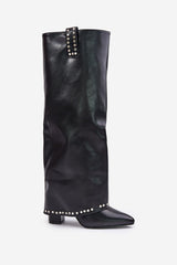 Women's High Heels Roll Up Boots - Black