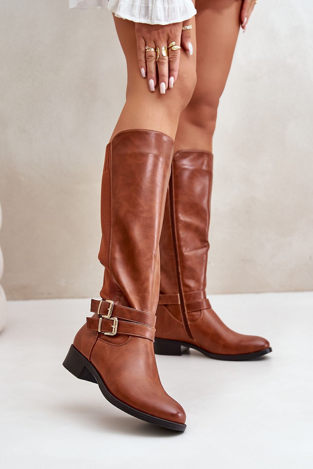 Women's Buckle Knee High Boots - Brown