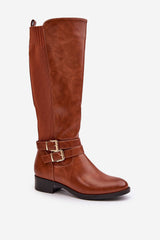 Women's Buckle Knee High Boots - Brown