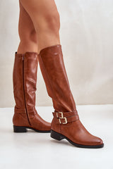 Women's Buckle Knee High Boots - Brown