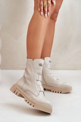 Eco Leather Warm Women's Work Boots With Zipper - Light Beige