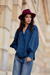 Stylish Navy Blue Shirt With Collar And Puff Sleeves