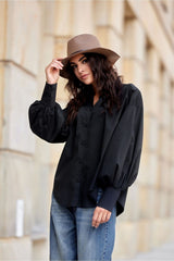 Elegant Black Shirt With Collar And Puffy Sleeves