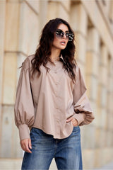 Elegant Beige Shirt With Collar And Puffy Sleeves