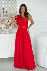 Long Satin Ruffle Dress - Red