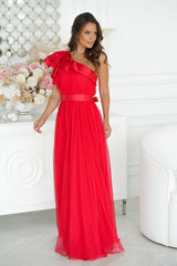 Long Satin Ruffle Dress - Red