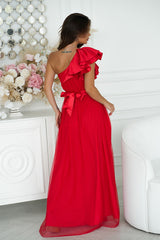 Long Satin Ruffle Dress - Red