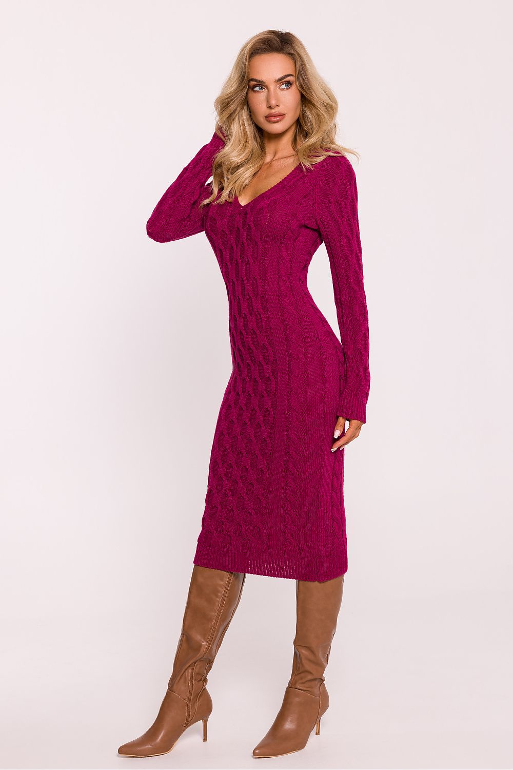 V-Neck Knitted Dress - Pink