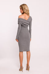 Asymmetrical Rib Knit V Neck Dress - Gray Melange