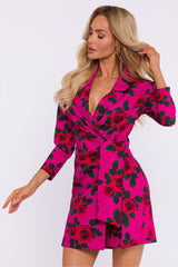 Fuchsia Short One-piece Dress With Red Roses