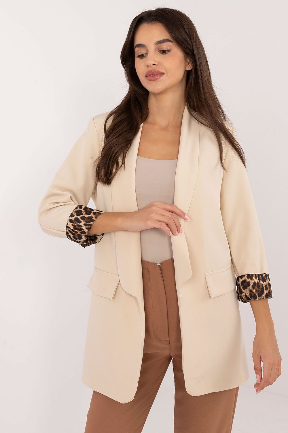 Women's Jacket With Leopard Print Sleeves - Beige