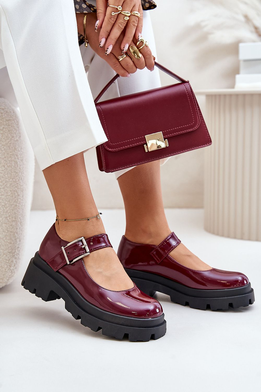 Women's Patent Leather Buckle Shoes - Burgundy